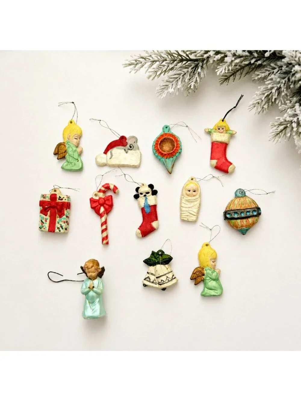 Vintage Handpainted Mini Ceramic Christmas Tree Ornaments Set of 12 Holiday